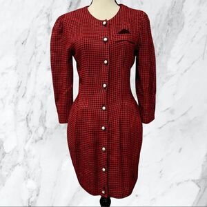 VINTAGE Red Houndstooth Button Down Dress